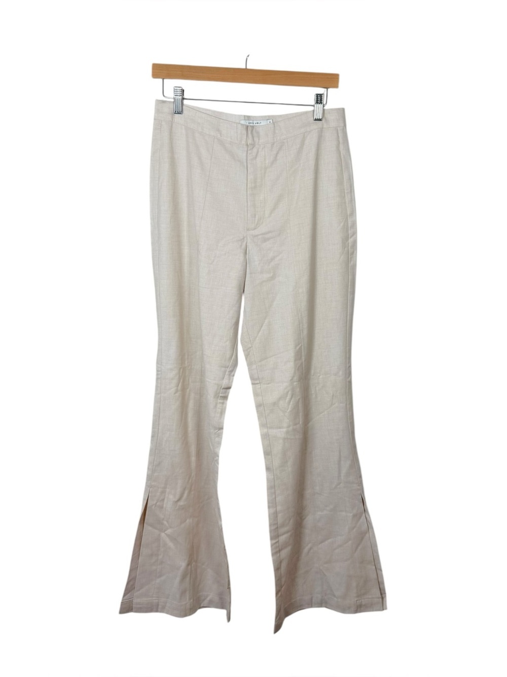 I Love Ugly Flare Pants Beige Cotton Side Slit Trousers Size S 30W